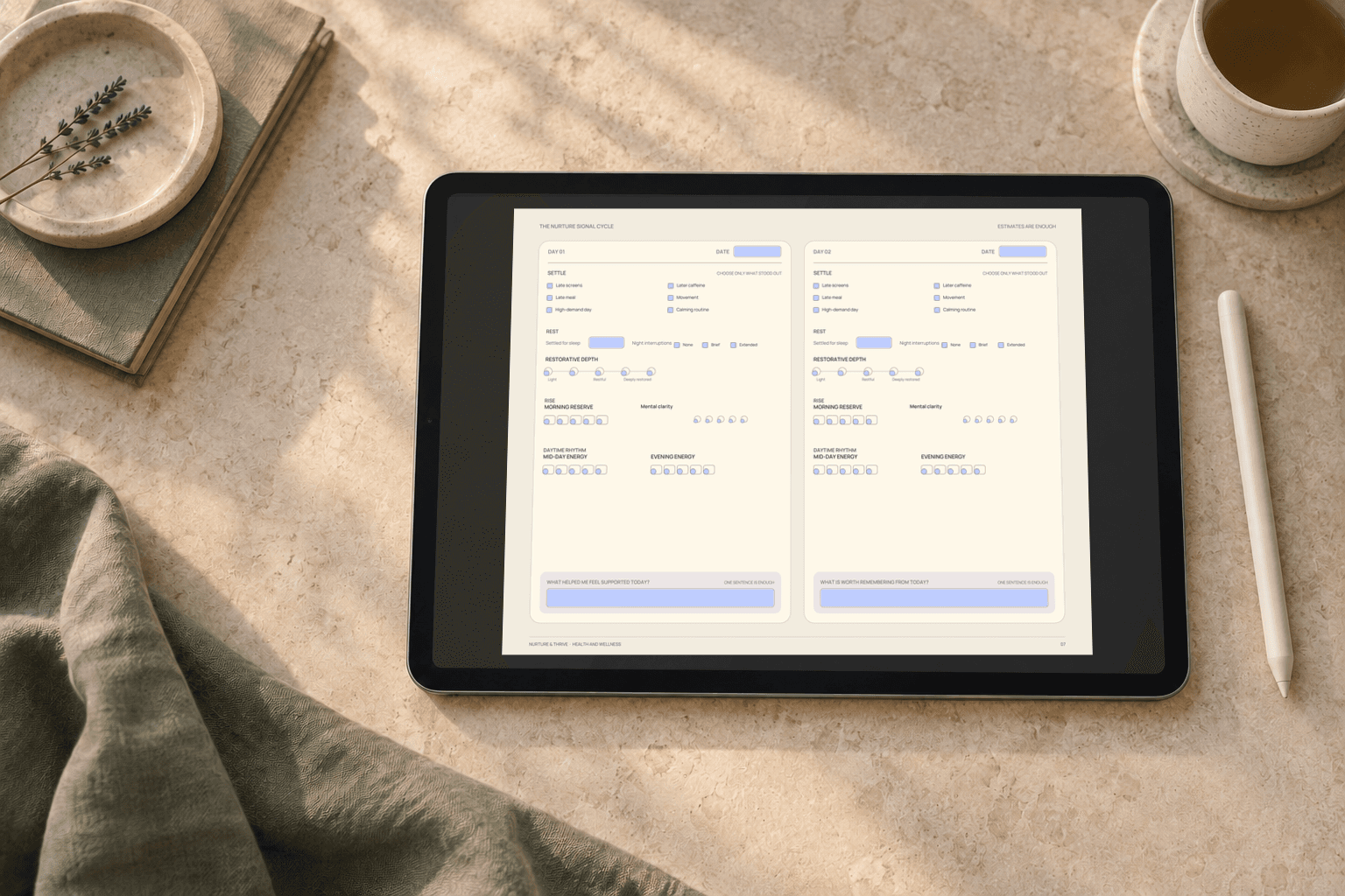 The Sleep and Energy Pattern Journal displayed on an iPad