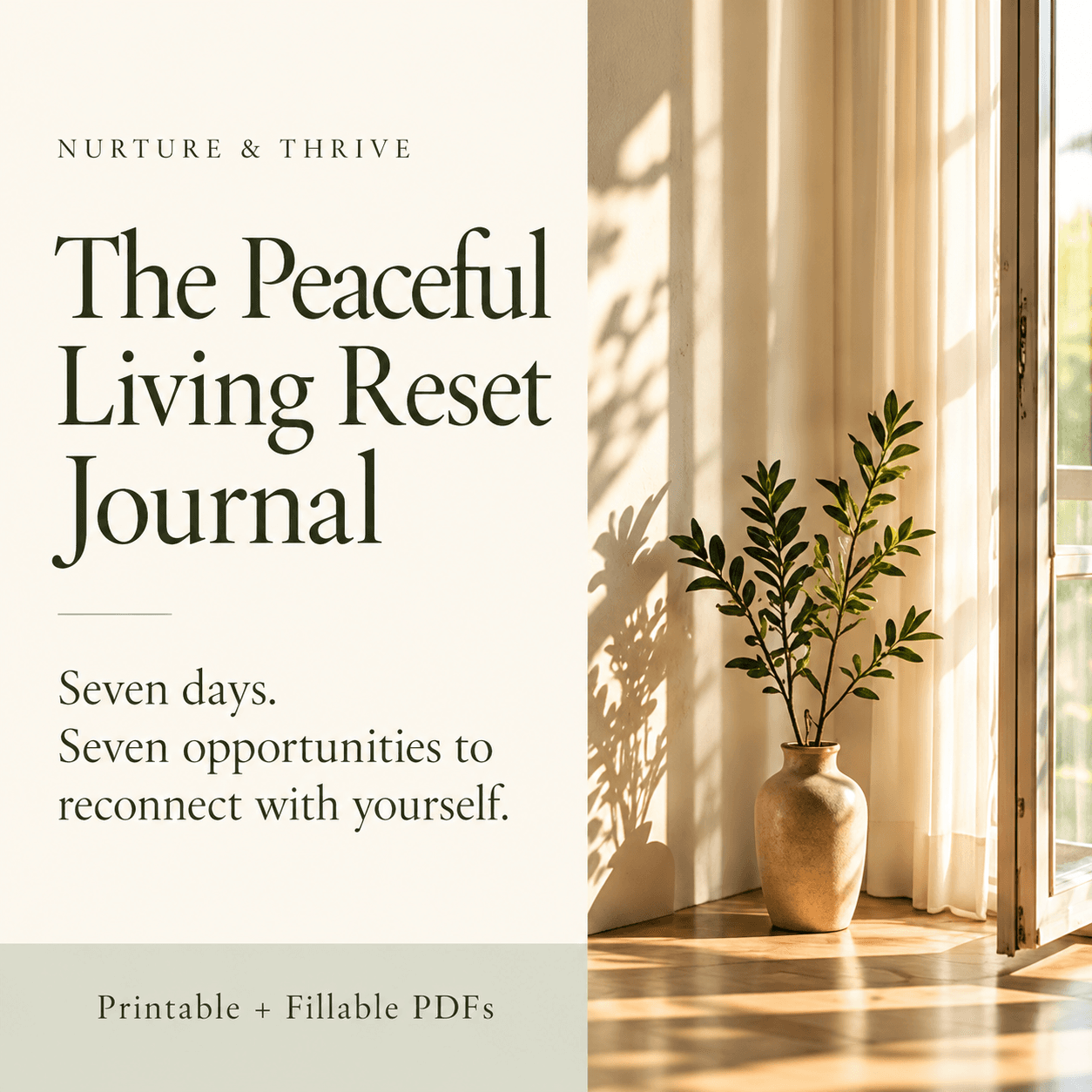 The Peaceful Living Reset Journal: printable and fillable PDFs, with a sunlit vase beside a window